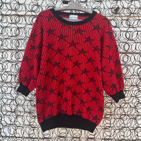 Vintage 90s Another Name Red and Black Star Knit Sweater - Picture 1 of 4